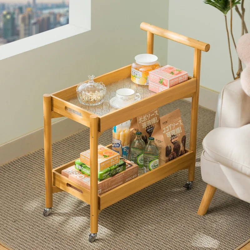 

Bamboo Trolley Rack Floor-Standing Kitchen Living Room Mobile Bedside Snack Storage Rack