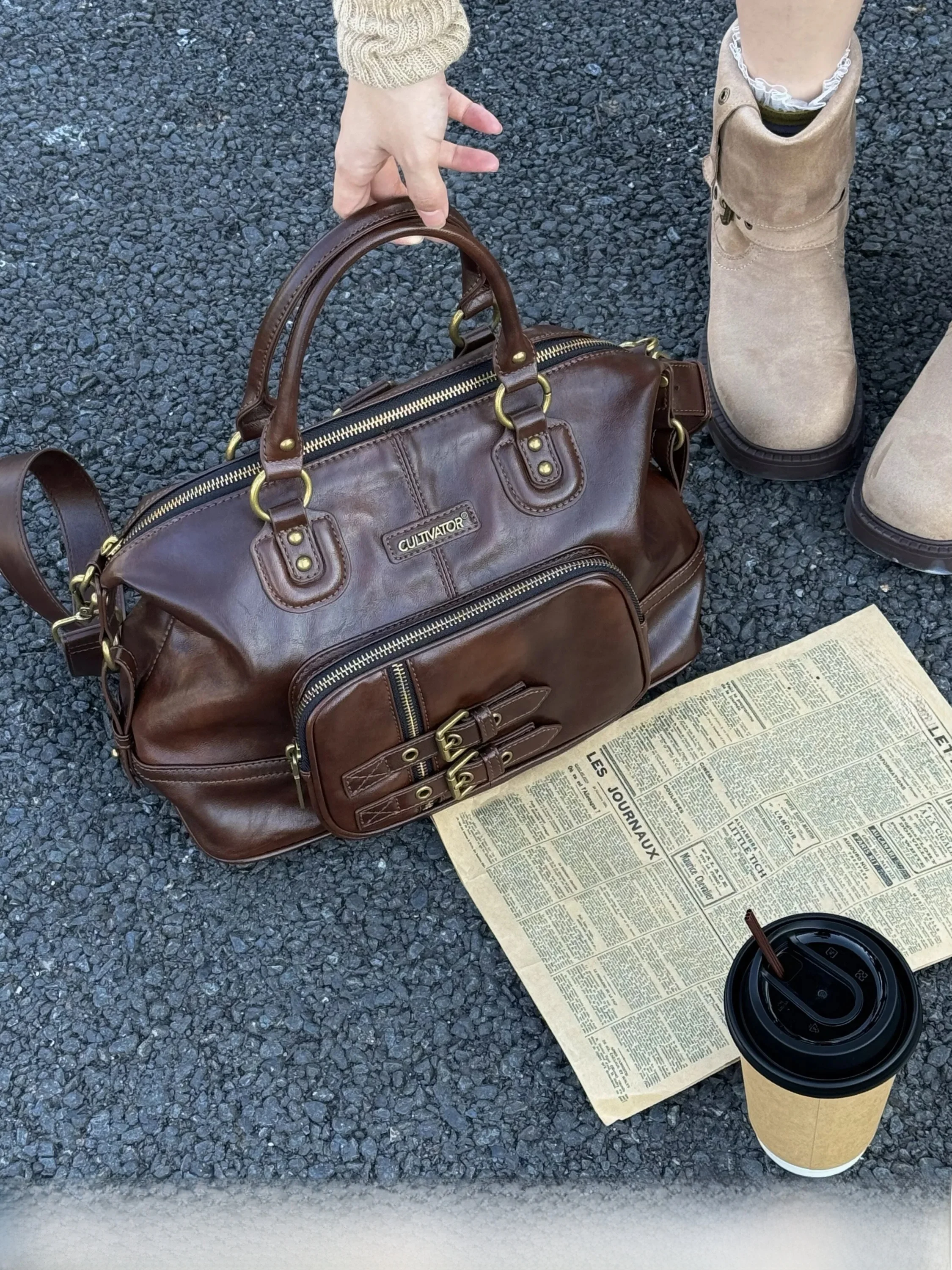 Original Cultivator Retro Oil Wax Leather Tote Bag Shoulder Bag Handbag Three Ways to Carry Fashionable Soft Polyester 