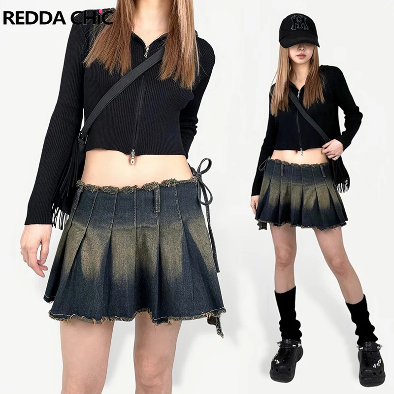 ReddaChic Ombre Pleated Mini Skirt for Women Asymmetric Raw Edge Bandage Wrap Skirt High Rise Jeans Skirt Retro Y2k Streetwear