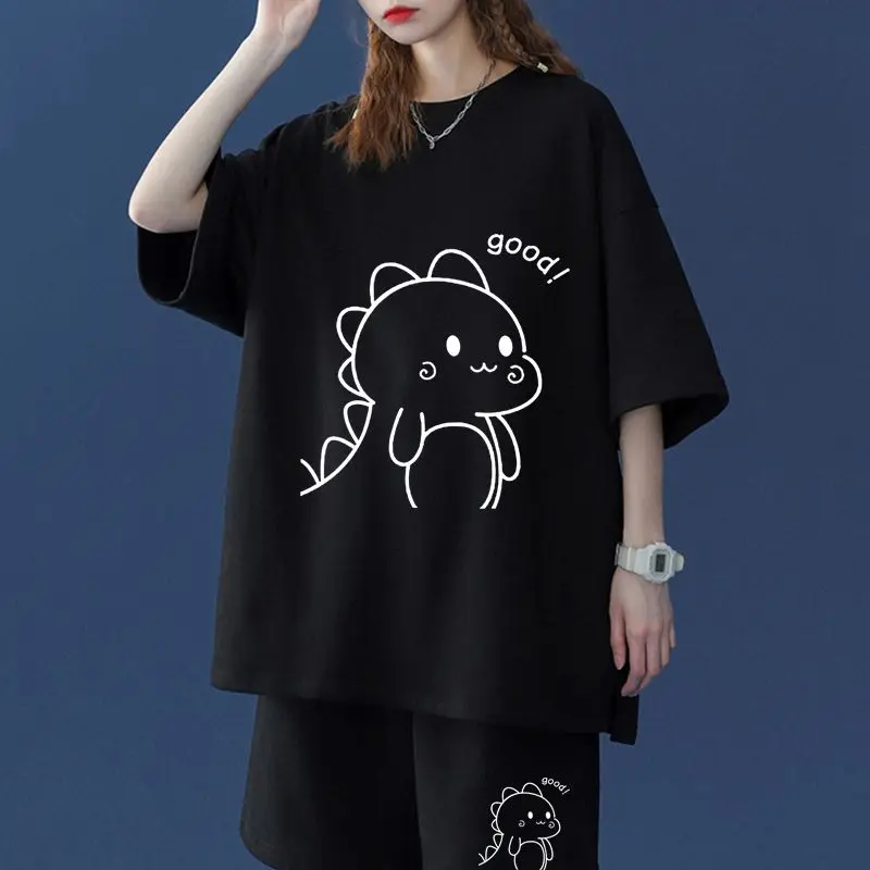 Casual Sporty Chic Wide Leg Pants Two-piece SuitFemme Oversized All-match Printing Cartoon O-neck Short Sleeve T-Shirt Shorts