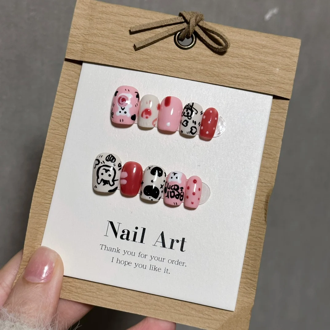 Emmabeauty Handmade Press On Nails Graffiti Pink Bear Cartoon Cute Hand Painted Short with Sweet and Lovely Design.No.24518