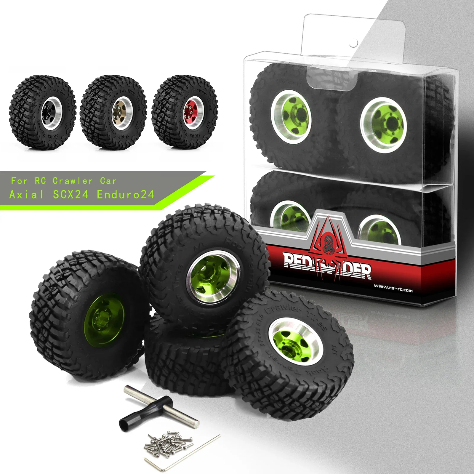 

RS RC Mud Terrain Tires 1.0 Beadlock Wheel Rims Set For 1/24 RC Crawler Car Axial SCX24 FMS FCX24 Enduro24 AX24 (W1049-T1007)