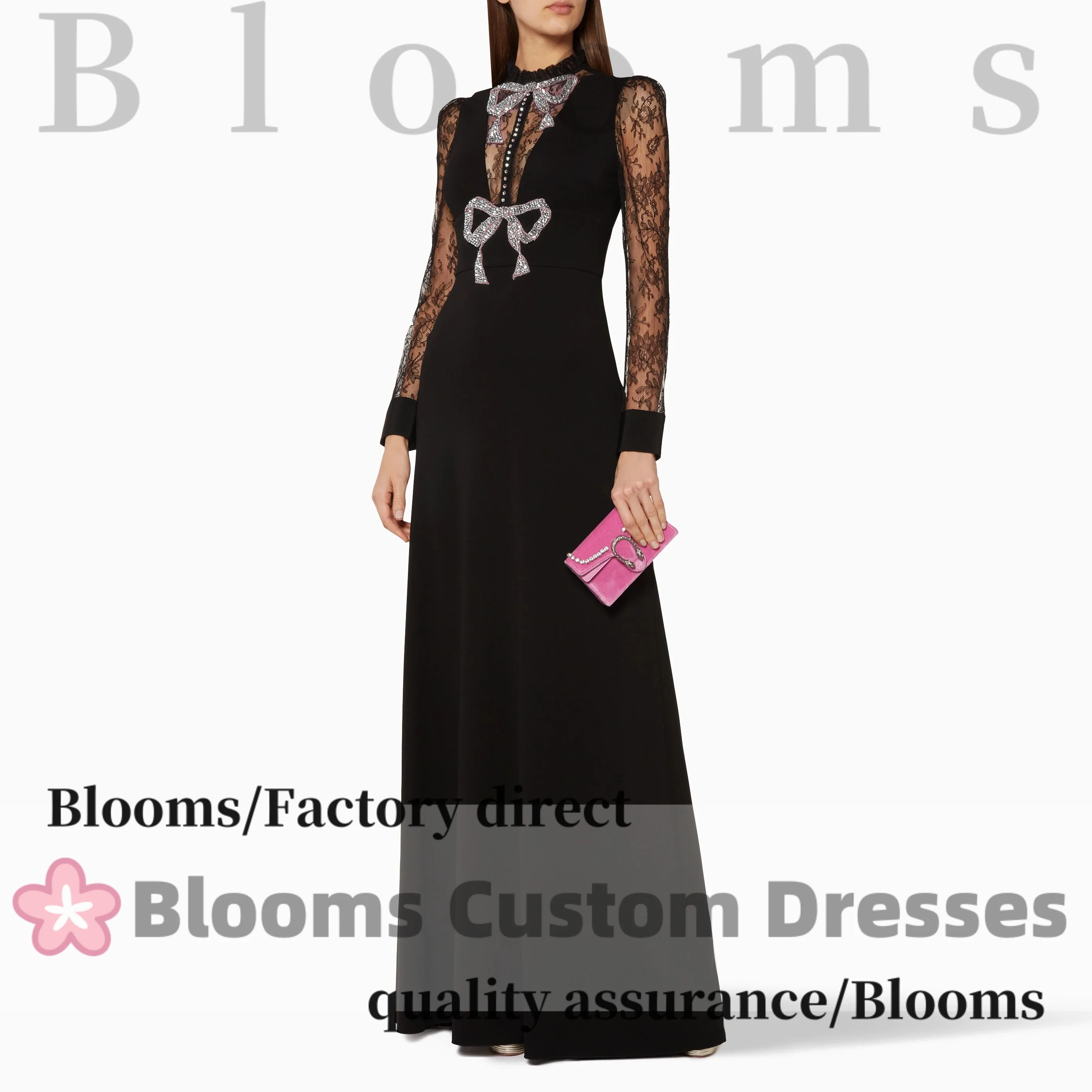 Customized Elegant Lace Black Sexy Elegant Evening Dresses Beaded Bow Formal Long Sleeves Party Gown Prom Dress