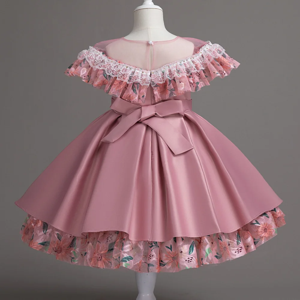 Girl\'s New Lace Flower Patchwork Bow Princess Dress Christmas Thanksgiving Family Gathering Sweet and Lovely Dress