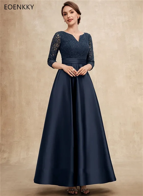 

Elegant Women's Evening Dresses V-neck 3/4 sleeves A-line Wedding Guest Bride Mother Dress Formal Occasion Prom Dress