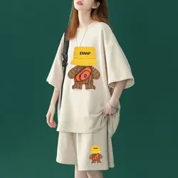 Kawaii letnie damskie oversize dwuczęściowe krótkie zestawy koreańskie damskie topy z krótkim rękawem moda na co dzień kreskówka sportowe garnitury casualowe