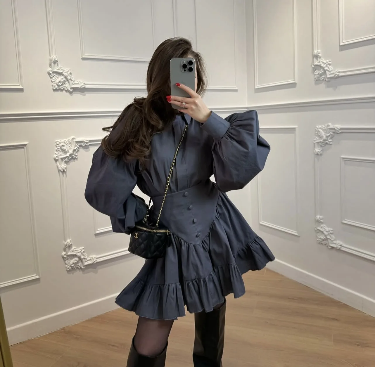 Spring and Autumn Simple Pure Color Ins Style Collar Long Sleeve Shirt Short Skirt Set for Women