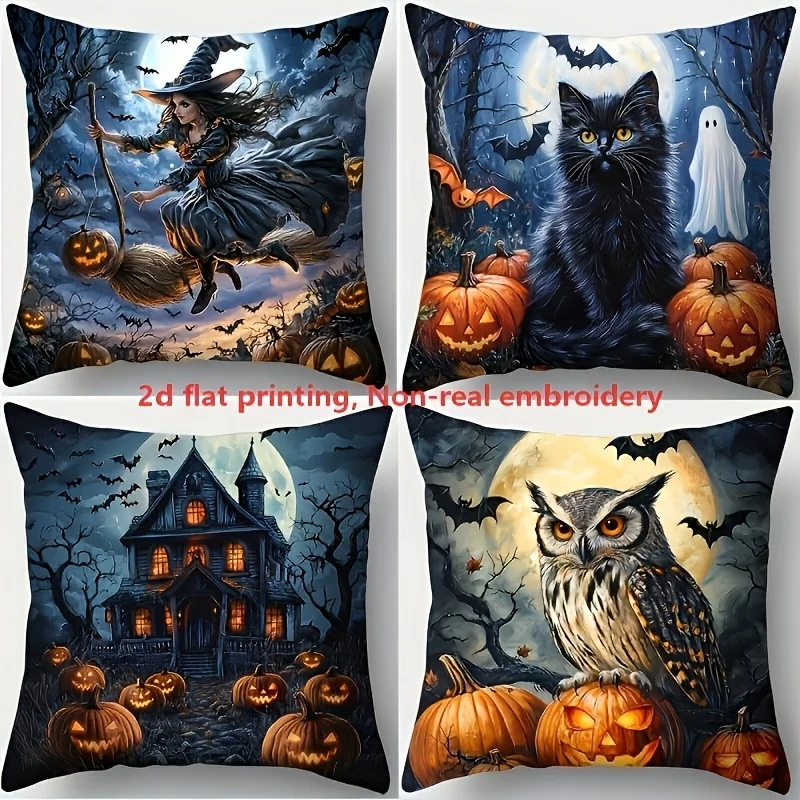 Highly detailed Halloween 2D Printed Throw Pillow Covers Set Spooky Witch Pumpkin Haunted House Autumn Polyester Cushions Home D