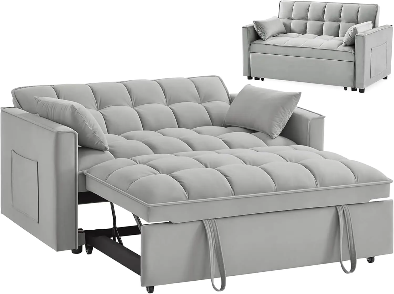 3 In 1 Sleeper Sofa Couch Bed, Velvet Convertible Sofa Bed With Armrests, Storage Pockets & 2 Pillows, Modern Sofa Bed Couch