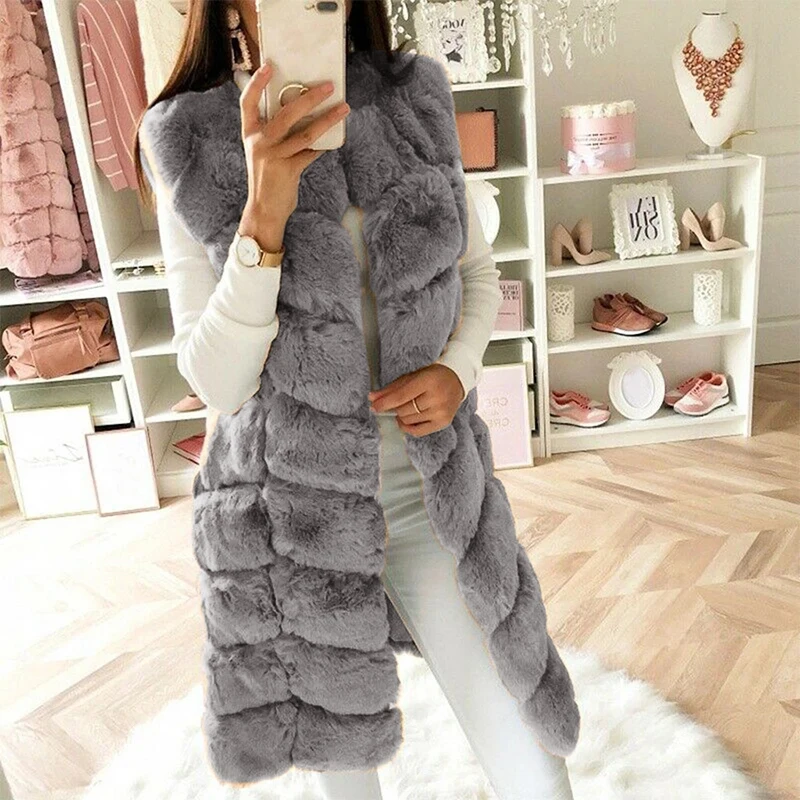 Autumn Faux Fox Fur Vest For Women 90cm Long Sleeveless Jacket Fur Waistcoat Fashion Slim Outerwear Luxury Gilet Vest Streetwear