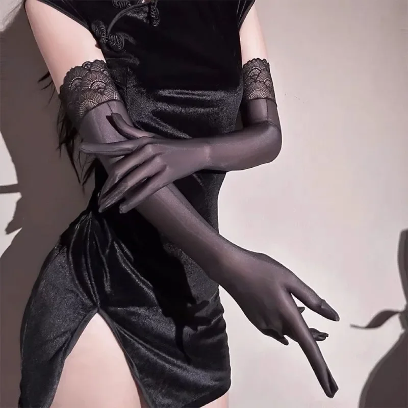 Женские глянцевые кружевные чулки, перчатки Авроры, сексуальные ультратонкие прозрачные эластичные узкие варежки на пальцах, вечерние модные длинные перчатки ﻿