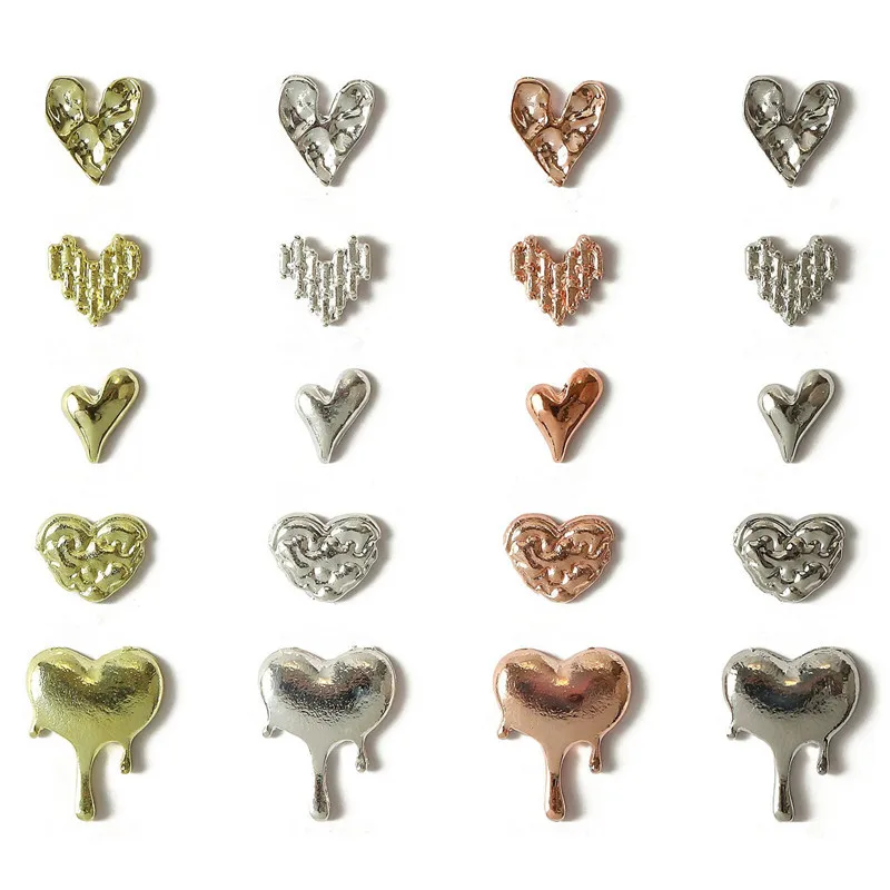 10Pcs Lava Shape Alloy Nail Heart Parts Charms Metal Love Jewelry Water Drop on Heart Nails Accessories 3D Gold Silver Nails Dec