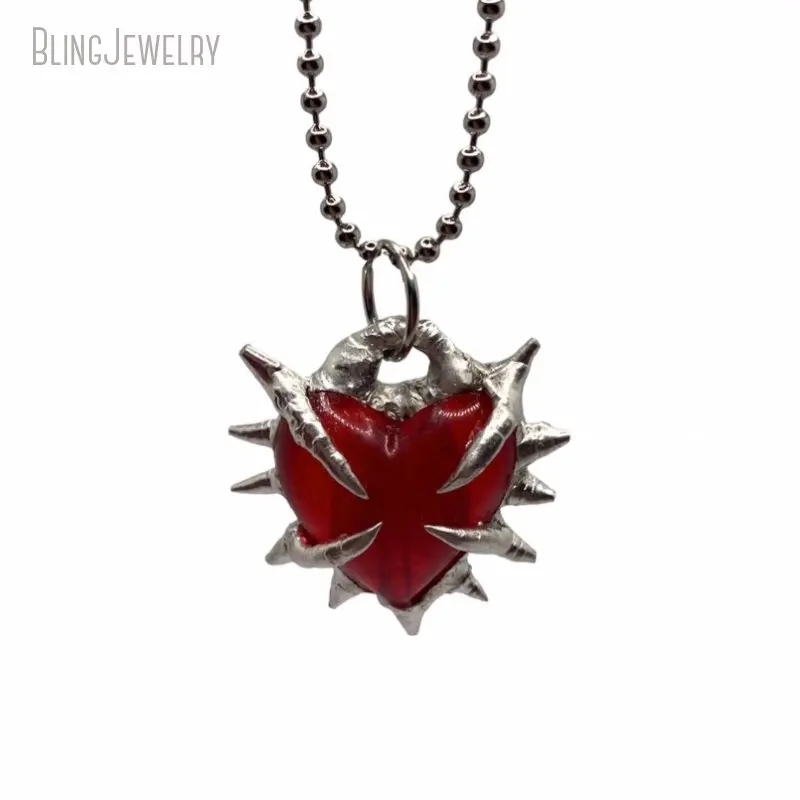 Y2k Jewelry Halloween Vampire Gothic Accessories Spiky Metal Red Crystal Thorn Heart Pendant Stainless Steel Ball Chain Necklace