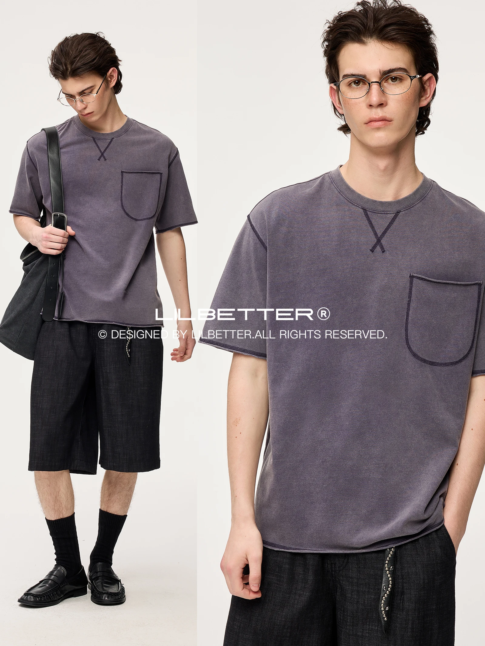 Lilbetter Vintage Washed Cotton Wax Dye T-Shirt Short Sleeve Contrast Color Plain Stitched Cuffed Hem Casual Urban Fashion