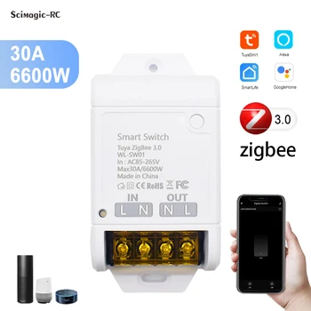 Zigbee Tuya 스마트 차단기, 자동 잠금 리시버 모듈 타이머 작동, 알렉사 게이트웨이 허브 필요, 출력 85-265V, 30A, 6600W