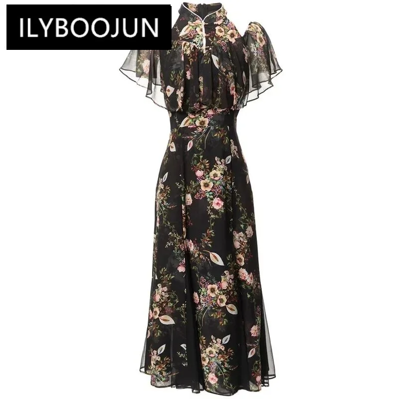 

ILYBOOJUN Fashion Spring Summe Strapless Dress Women's Stand Collar Butterfly Sleeve Flower Print Vintage Dresses