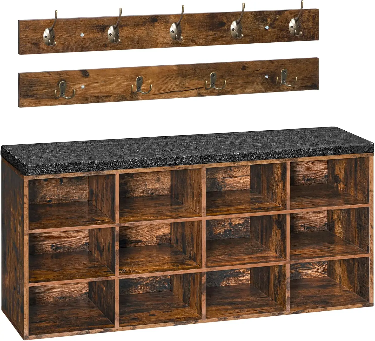 

Entryway Storage Bench with Cushion, 12 Shoe Cubbies and Coat Rack, Holds 330 lbs for Bedroom or Hallway