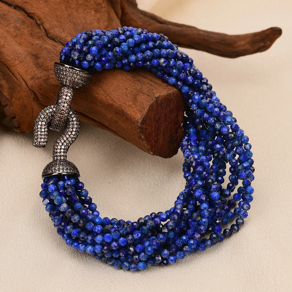 

G-G 14 Rows Natural Stone Blue Lapis Lazuli Faceted Round Gems Beads Bracelet 8.5" Multi Rows Jewelry Gifts For Lady