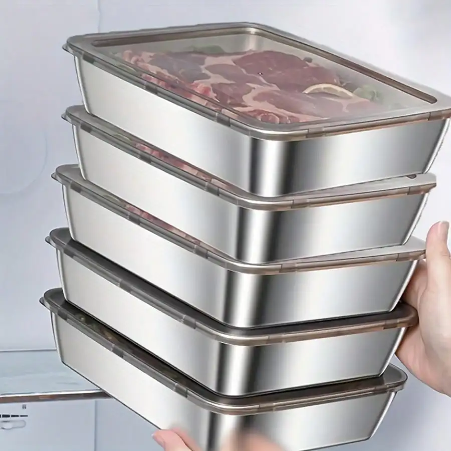 5-Piece Stainless Steel Food Storage Container Set With Clear Lids | Large Square Containers For Storing Meat, Fruits, And Vegetables - Ideal For Camping, Outdoor, And Home Use; Stackable Kitchen Storage Boxes.
