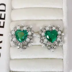 SENYU Fashion Heart Design Pearl Stud Earrings Paved Cubic Zirconia Luxury Lady`s Party Jewelry Sweet Fit Ears Pearl Studs