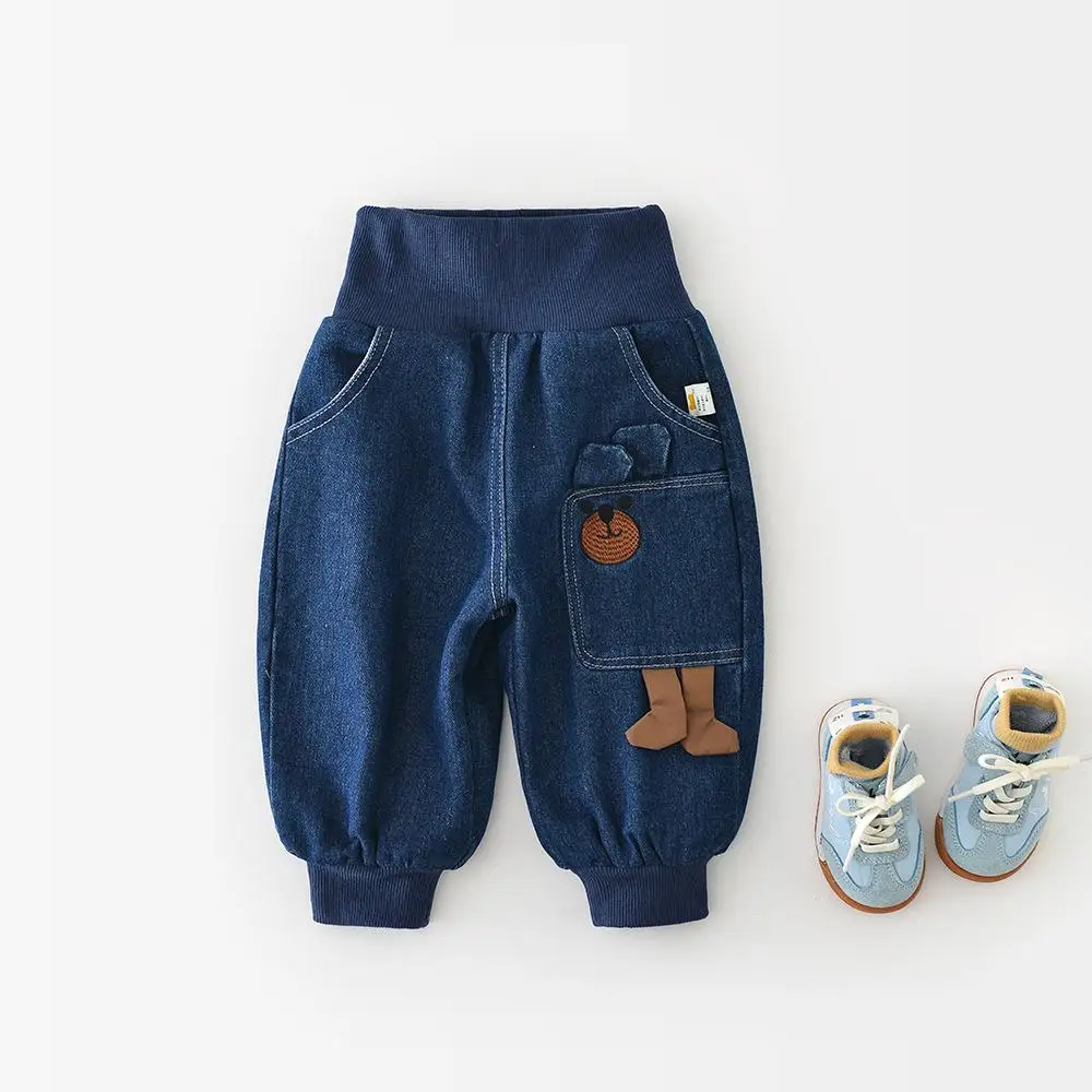Infant Boy Cartoon Bear Warm Pants Plus Velvet Thick Toddler Girl Casual Jeans 2025 Winter New Baby Fleece Denim Trousers