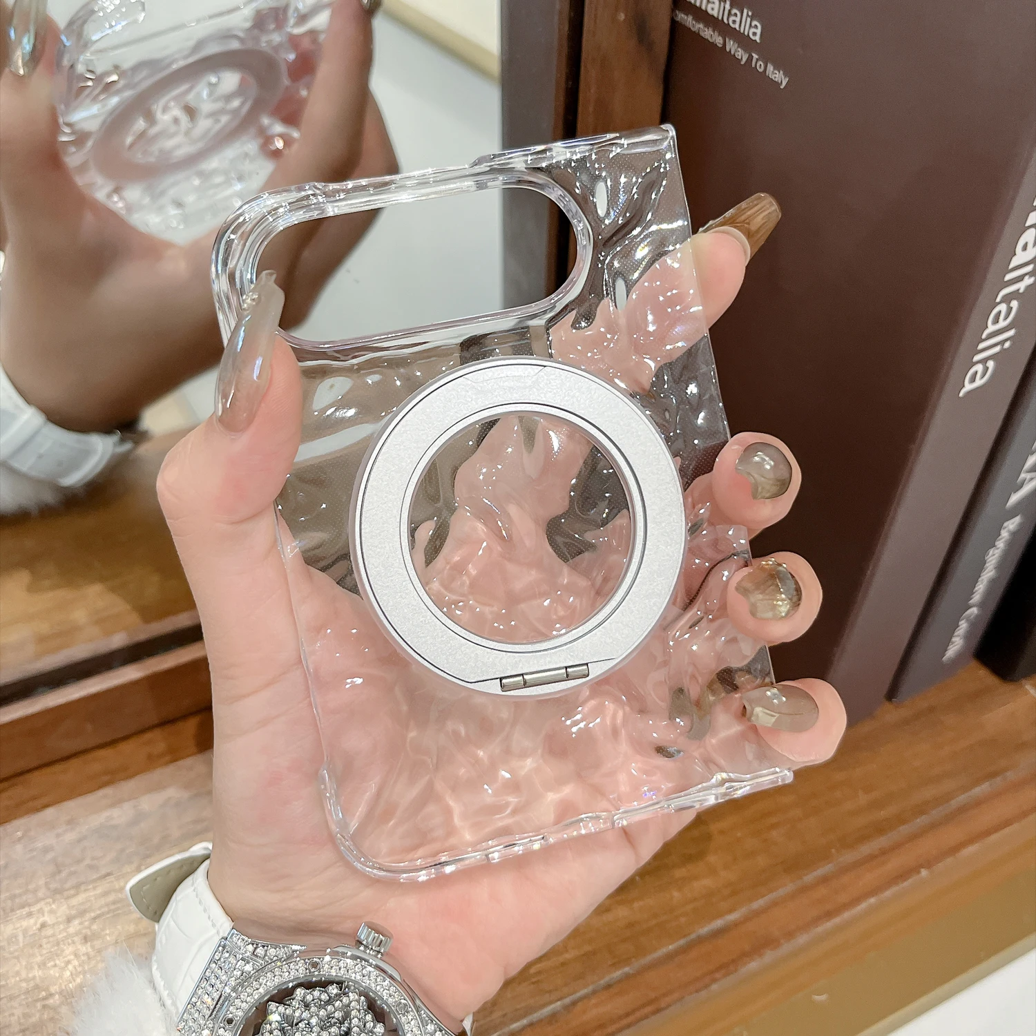 Luxury Electroplate Premium 3D Water Ripple Wrinkle Phone Case For Apple iPhone Duo Fold 360° Rotation Holder Shockproof Cover