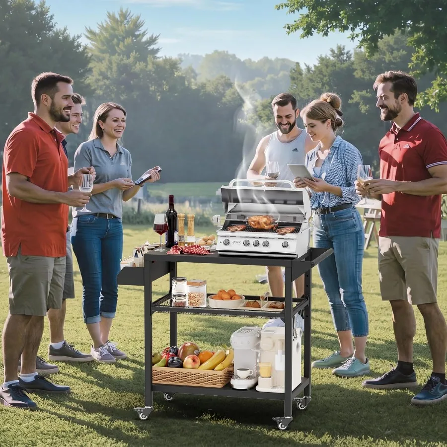Outdoor Grill Table with Wheels, Kitchen Cooking Prep Tables Movable BBQ Grill Cart for Garden, Camping, Home Party, Bar, Pizza