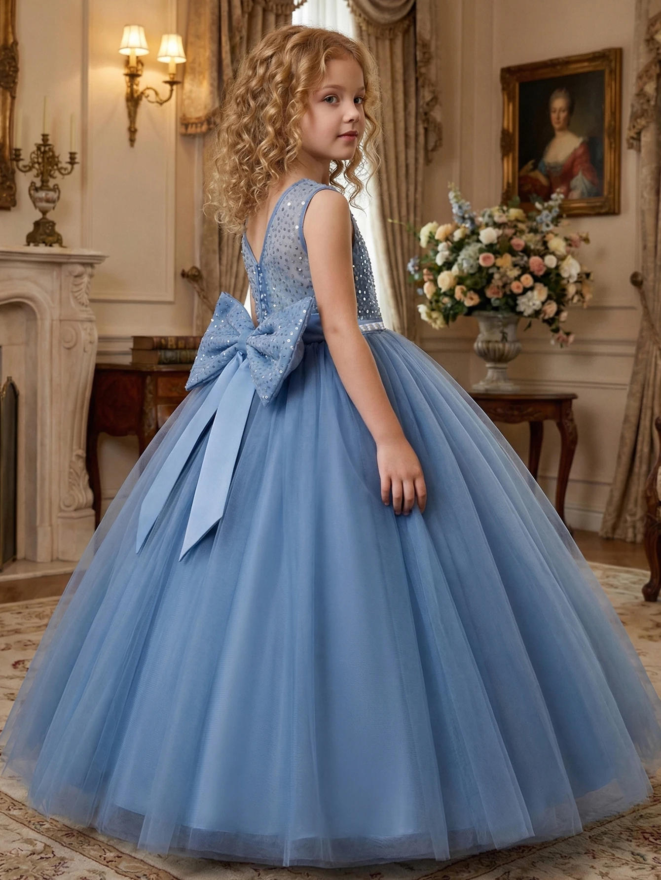 Tween Girl Formal Net Fabric Sequin Decorate Dress Bridesmaid Children Beautiful Ball Skirt,Pink Long Dress,Birthday Party Dress