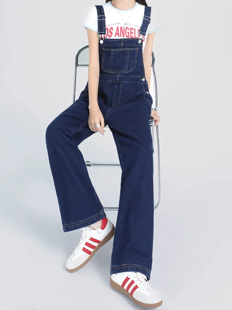 

High-End American Retro Wide-Leg Denim Overalls Women's Loose Straight Workwear Strap Jumpsuit Casual Style Natural Waist