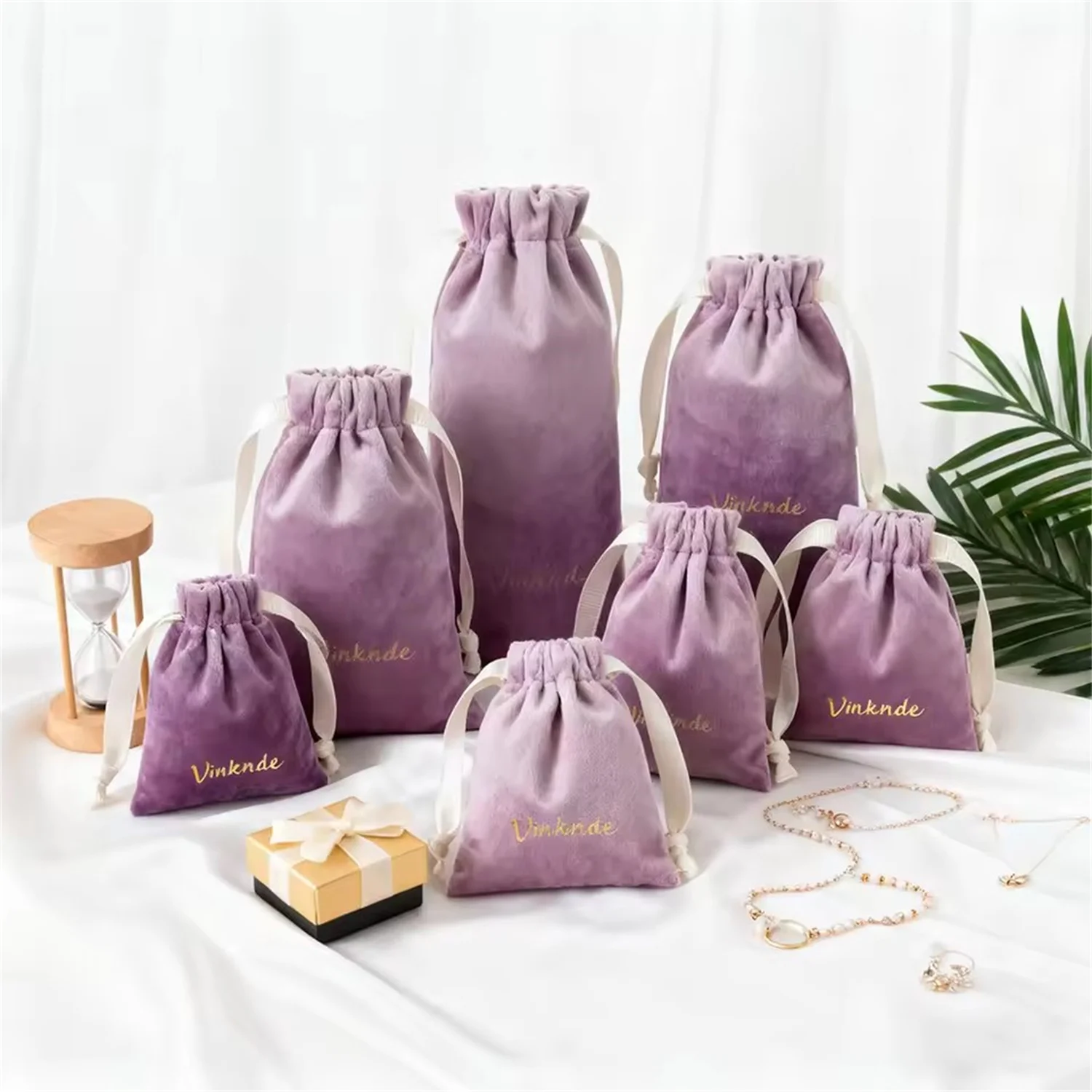 100Pack Custom Logo 3x4'' Velvet Drawstring Accessories Bags Suede Flannel Pouch for Boutique Jewelry Shampoo Essential Oils