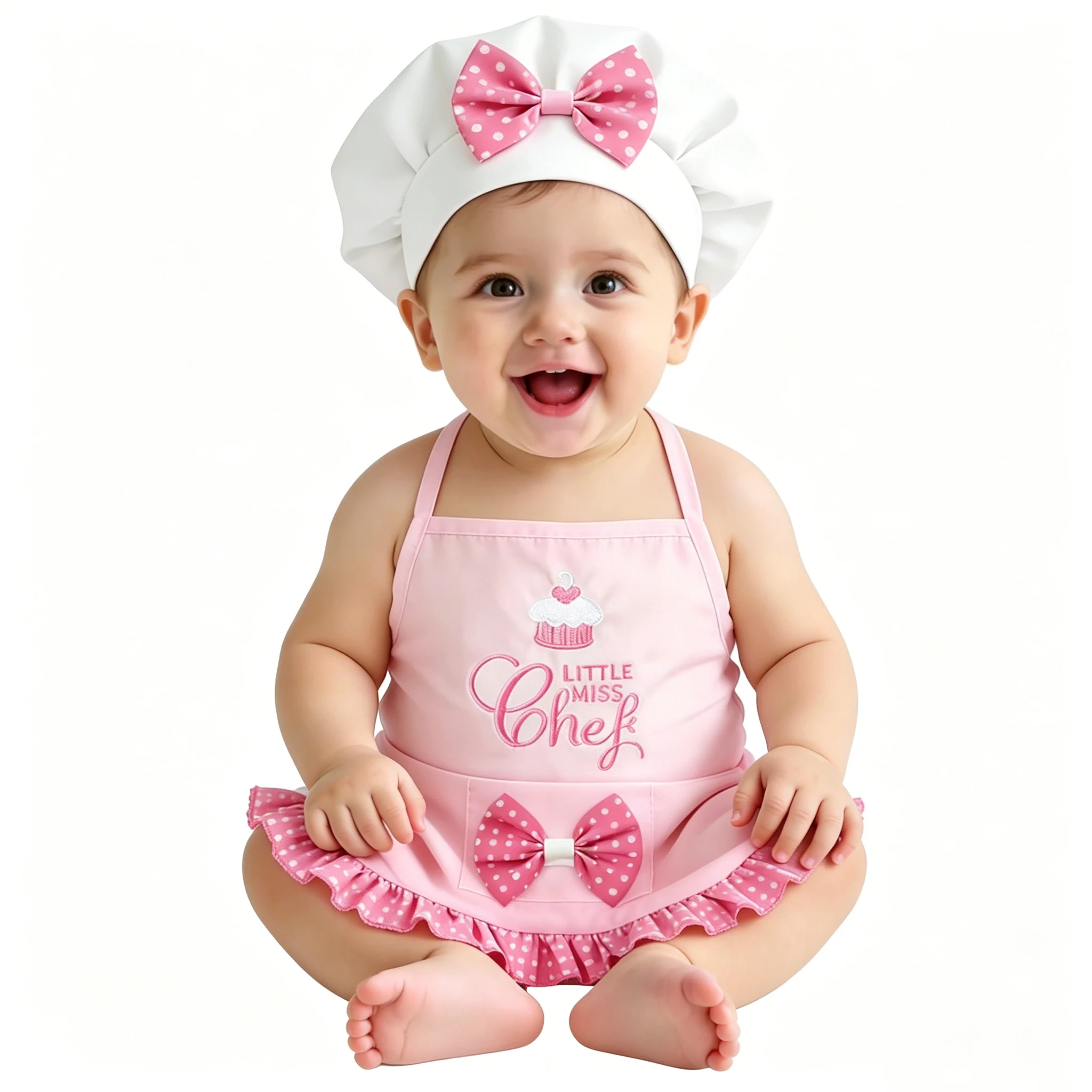 

Little Miss Chef Baby Apron & Hat Set Pink Polka Dot Bow Newborn Photography Outfit Infant Chef Costume for 0-24M