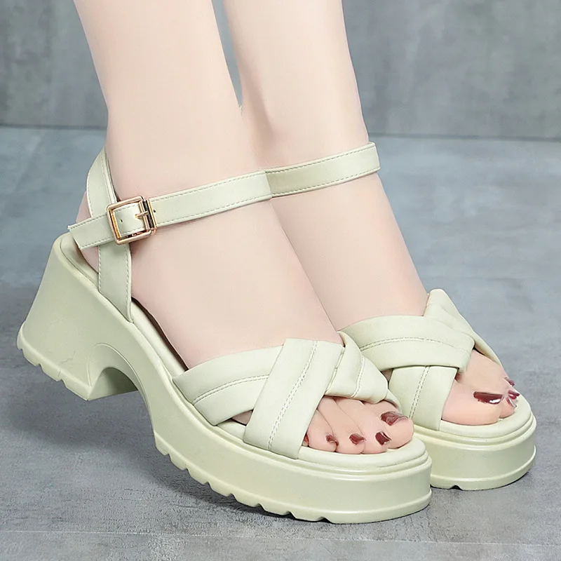 5 سنتيمتر كل مباراة مريحة سميكة القاع ميد كتلة الكعوب أحذية صنادل أرضية 2025 الصيف المرأة الصنادل الجلدية مكتب الفتيات #3
