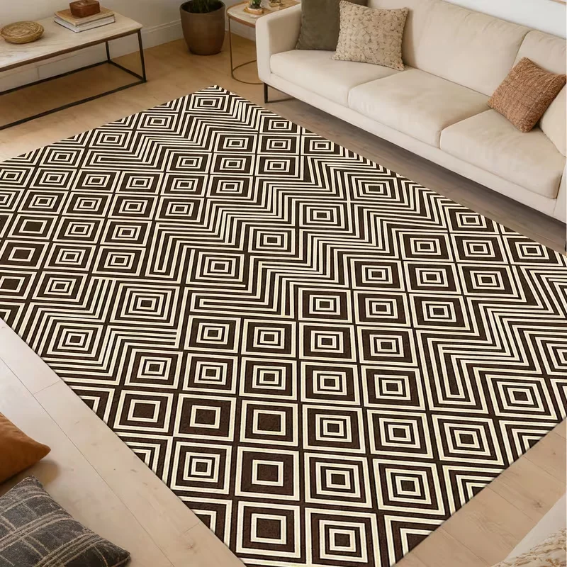 Luxury Brown Square Geometric Area Rug Retro Concentric Line Print Soft Mat Living Room Bedroom Hallway Indoor Home Rug