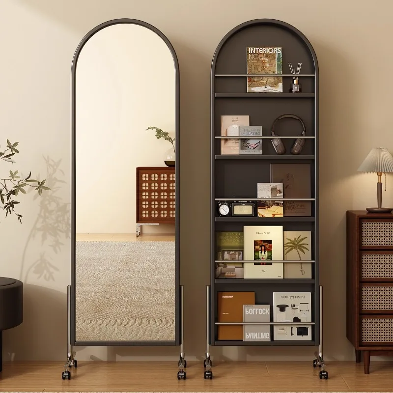 Medieval Style All Solid Wood Movable Full-body Mirror, Household Magazine Bookshelf Storage Integrated Floor Rotating Full- image 4