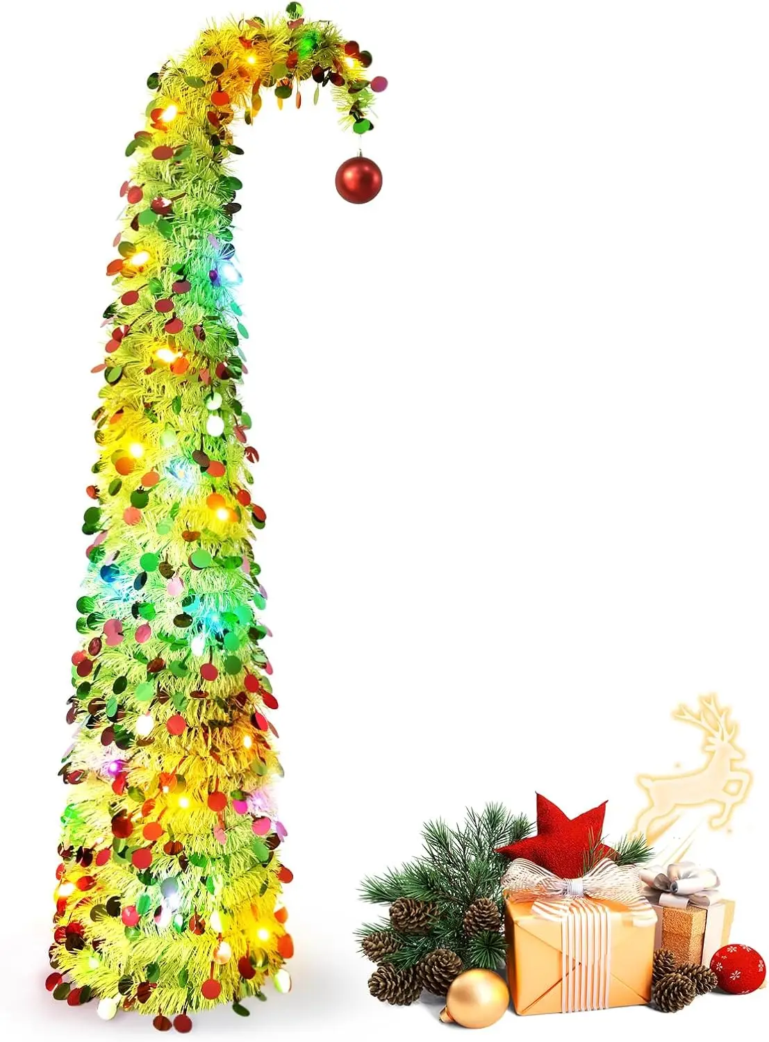 

5ft Pre-Lit Pop-Up Christmas Tree with 50 LED Lights, Green Tinsel Pencil Tree, Red Ball Decor for Home Office or Party