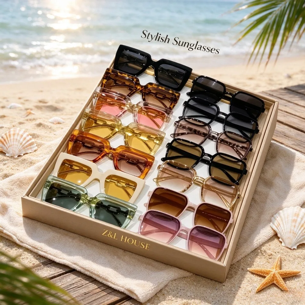 Z & L HOUSE 14-piece Women's Clothing Oversized Square Gradual Change Fashion Glasses Decorative Chain Metal Suitable for Beach Travel Daily Match