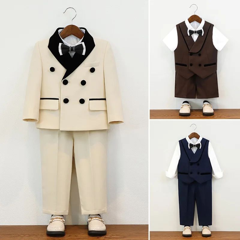 Boys Tuxedo Suit Lapel Double Breasted Blazer Vest Shirt Bow Pants Kids Wedding Flower Boy Piano Performance Formal Photo Outfit