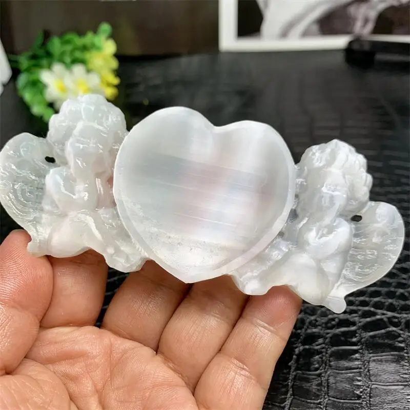 

Natural Selenite Angel Heart Bowl Crystal Specimen Crystal Crafts Lucky Feng Shui Collection Home Decor Gift 1pcs