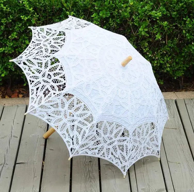 

30pcs Elegant Princess Lace Parasol Wedding Umbrella Battenburg Lace Handmade Beach Long-handle Sun Parasol SN4112