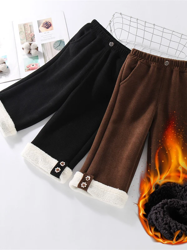 

Thiened вельветовые прямые брюки, зимняя одежда для девочек, верхняя одежда, длинные брюки в клетку с высокой талией и цветочным принтом, детская одежда