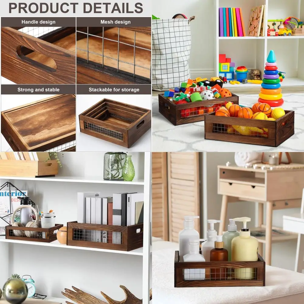 

Set of 4 Walnut Wooden Nested Storage Baskets with Handles & Metal Wire for Kitchen, Fruits, Vegetables, and Bathroom Organizati