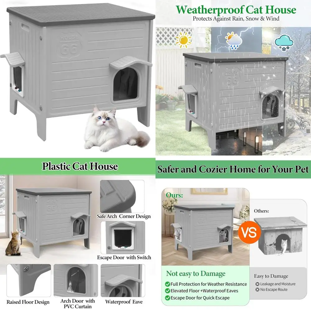 بيت قطط بلاستيكي مقاوم للماء في الهواء الطلق مع باب هروب للاستخدام الداخلي والخارجي، مناسب للقطط الحديدية والحيوانات الأليفة والحيوانات الصغيرة