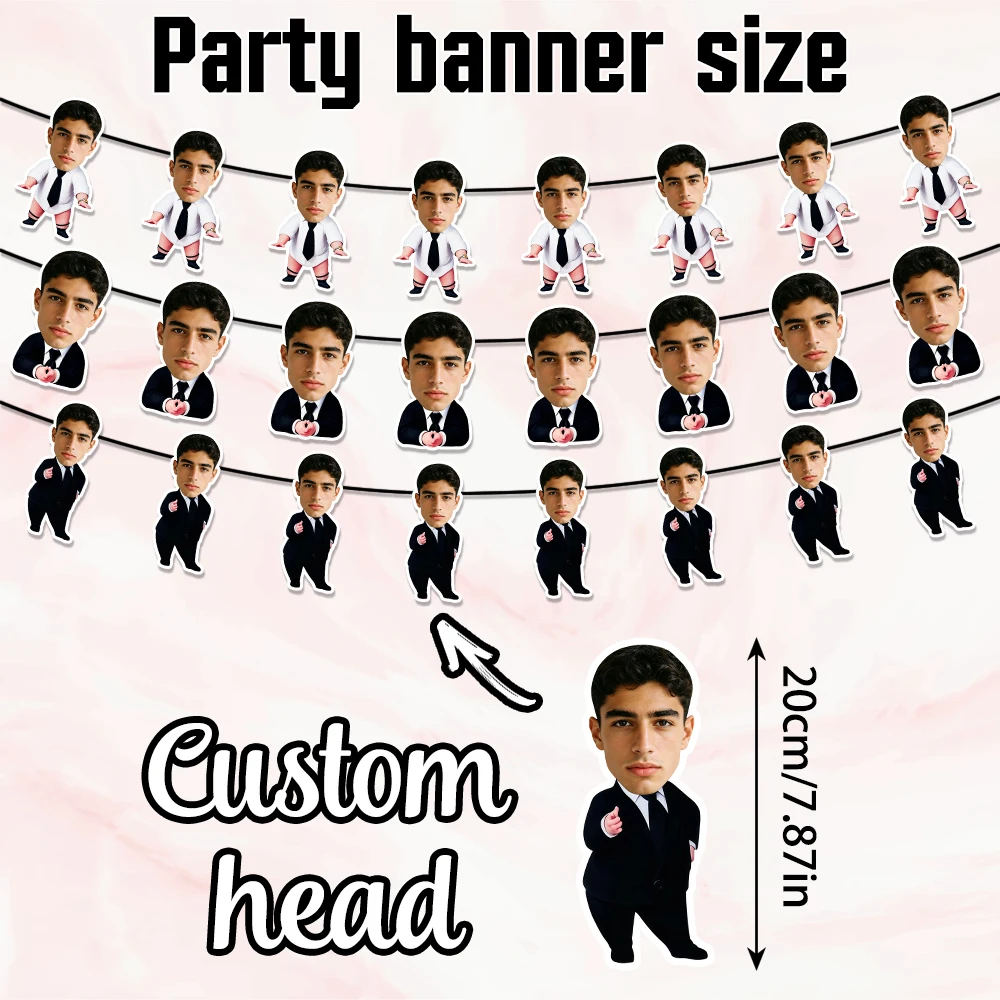 8pcs Custom Face Suit Bachelor Party Banner, Custom Head Black Tie Groom Hanging Flag for Stag Night Wedding Birthday Party