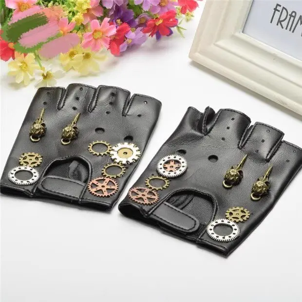 スチームパンク Pu レザー指なしコンパス手袋男性女性ファッションヒップホップパンク手袋ハーフフィンガー手袋