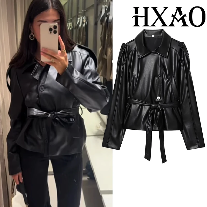 

HXAO женские куртки ветровка черная куртка с приталенным поясом укороченный плащ из искусственной кожи женский с длинным рукавом новая верхняя одежда