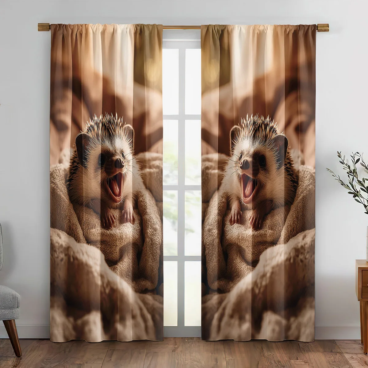 Funny Yawning Hedgehog Curtains, Cute Animal Wrapped in Blanket Print Blackout Drapes for Bedroom, Cozy Home Decor
