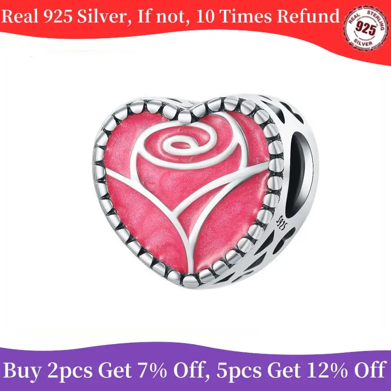 Diy Jewelry 925 Sterling Silver Heart-shaped Pink Rose Charm Bead Fit Original Pandora Bracelet Women Wedding Evening Party Gift