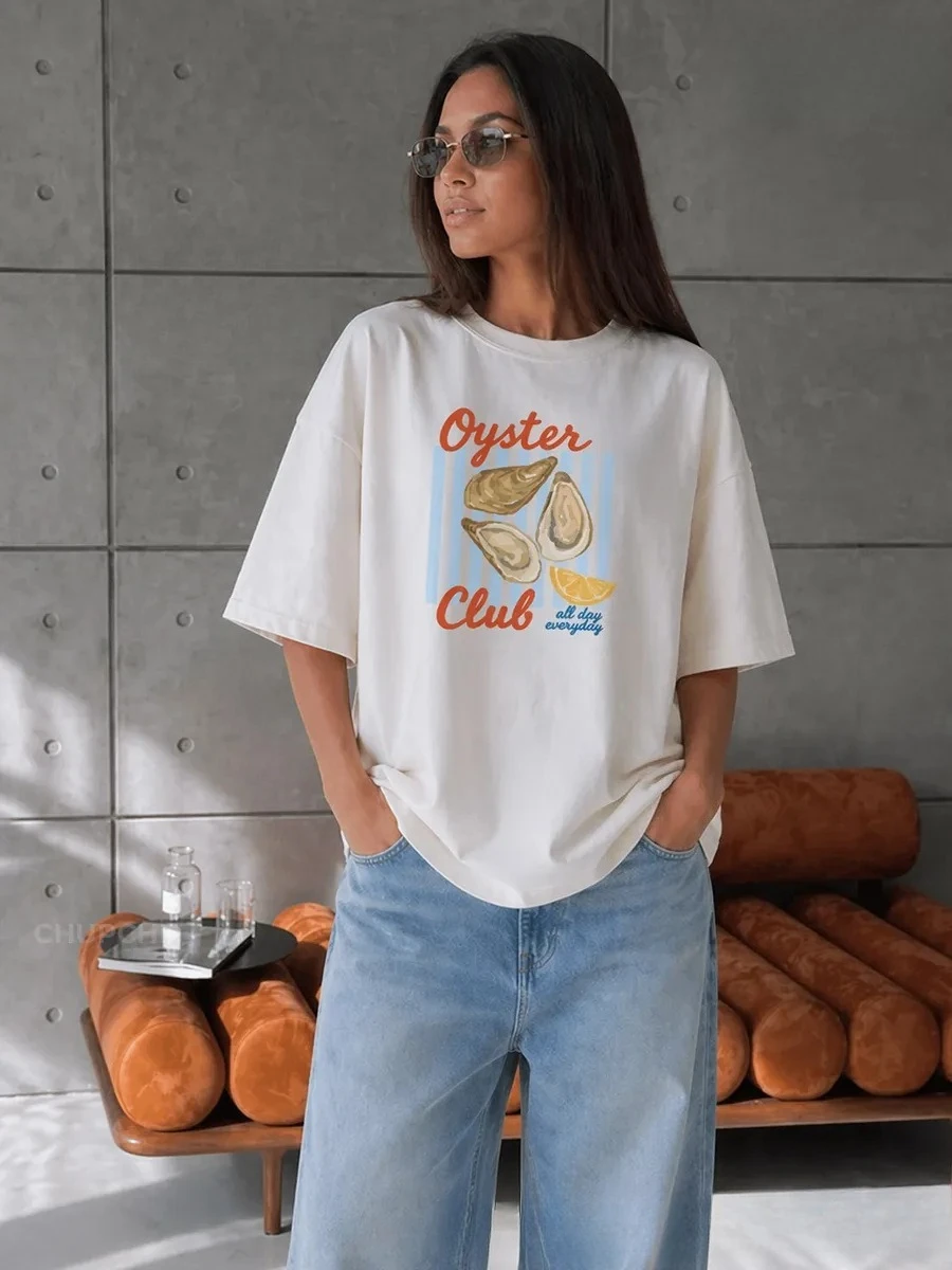Summer American Ins Women's Retro Seafood Printing T-Shirt Trendy Retro Y2k Oyster Lobster Cute Loose Vacation Half Sleeve Top
