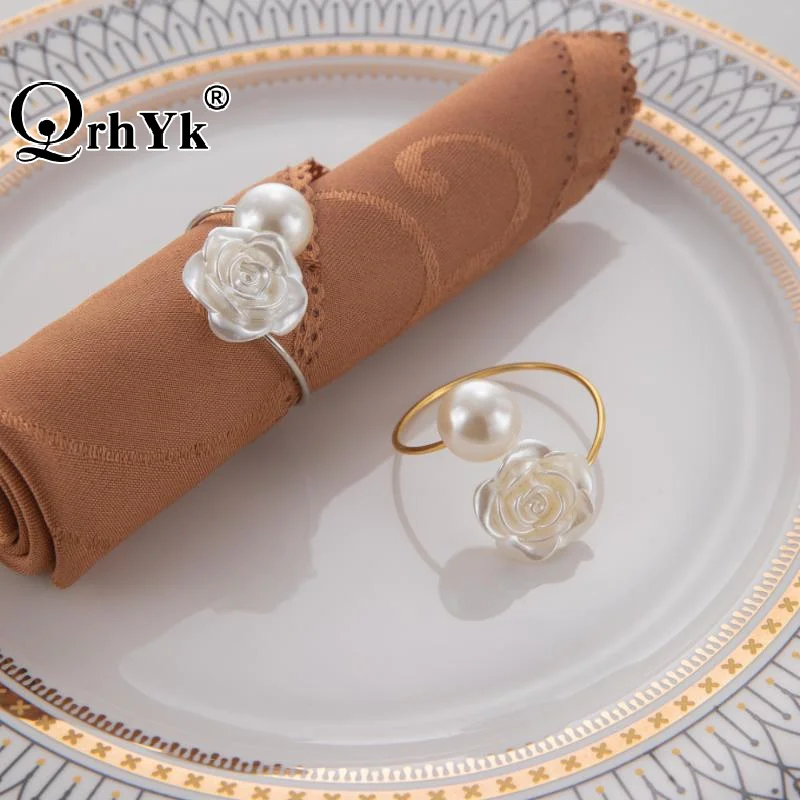 Valentine's Day Wedding Pearl Napkin Ring Rose Flower Creative Round Pearl Napkin Ring Wedding Table Decoration