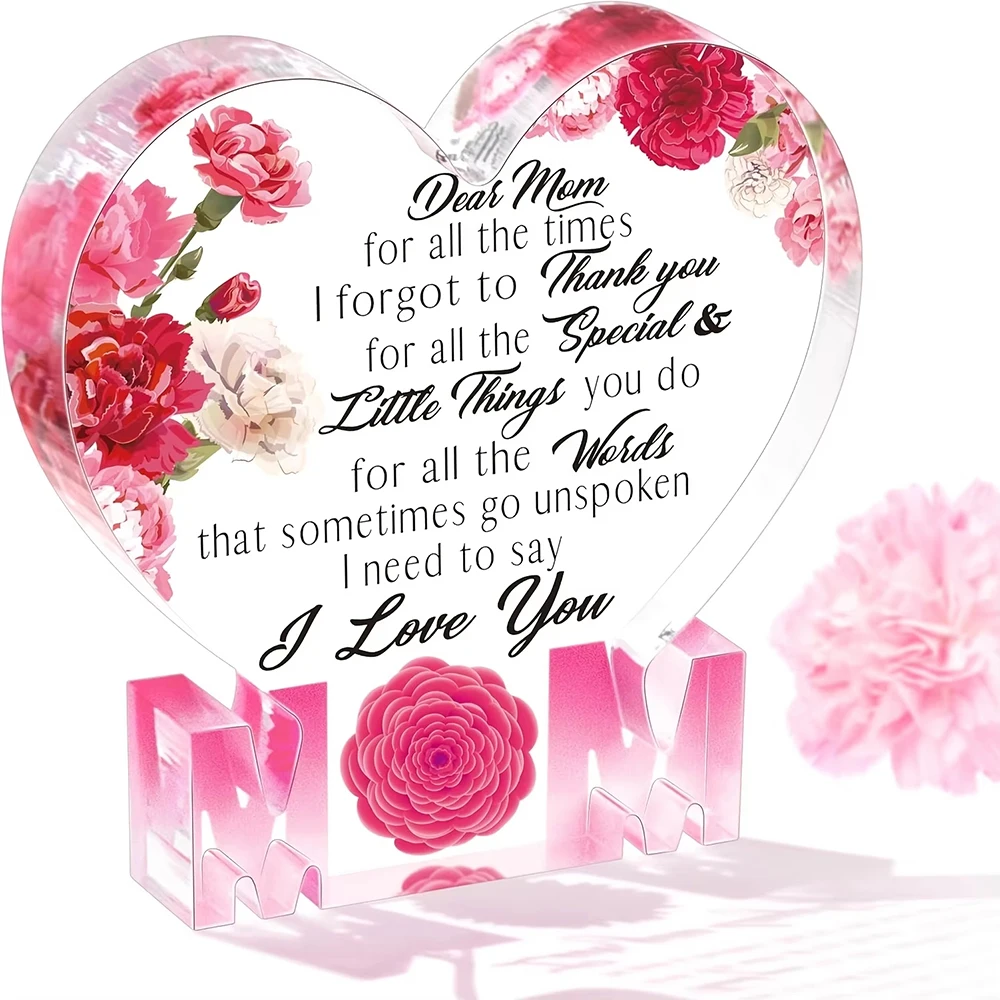 Gifts for Mom Birthday Gifts for Mom from Daughter Son Delicate Carnation Acrylic Heart Plaque Mom Present Thanksgiving Keepsake